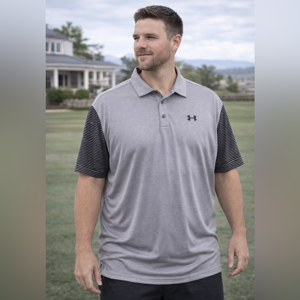 Under Armour Playoff Golf Polo Shirt T-Shirt Grey Black Striped Sleeves 3XL